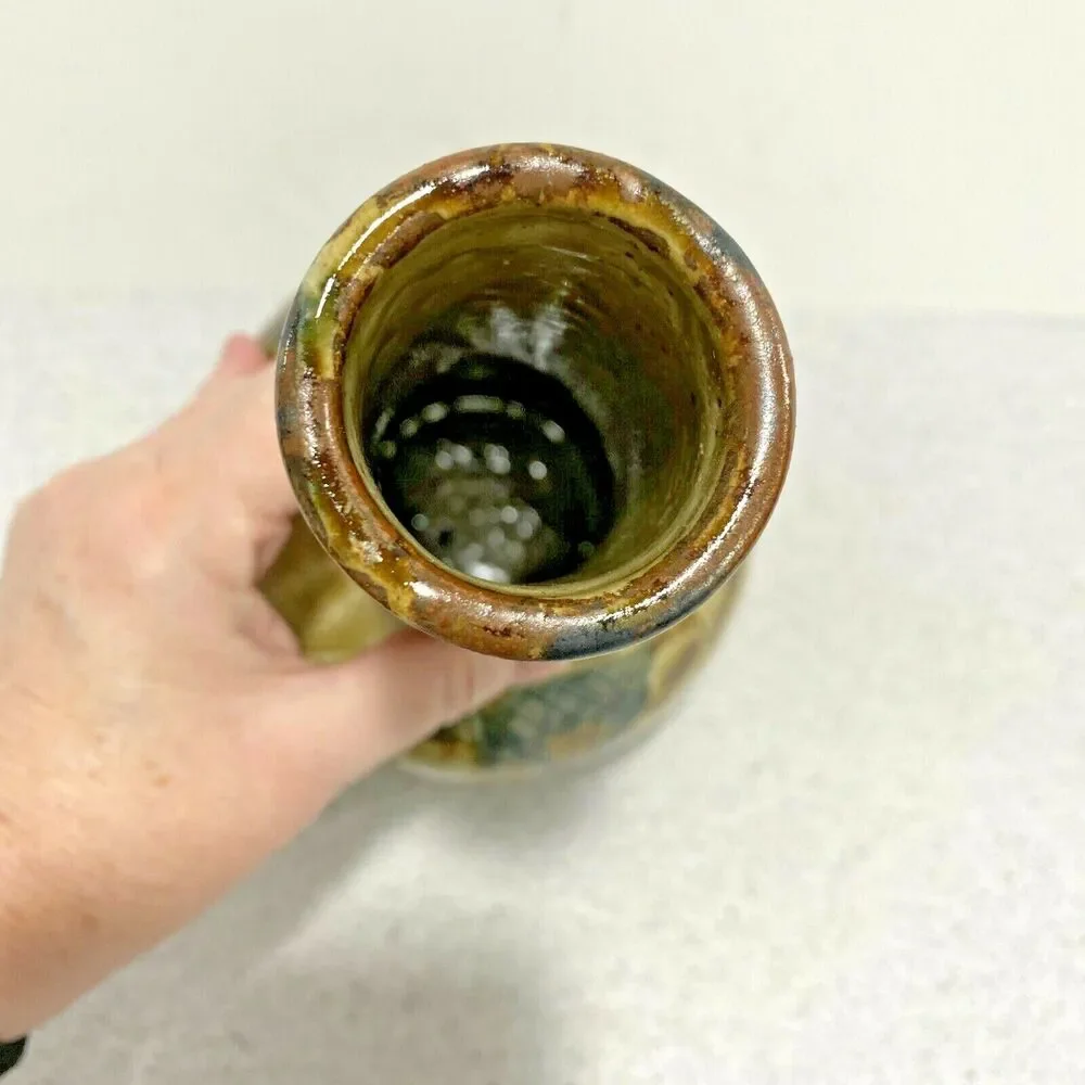 Vintage Mid Century Art Pottery Vase Drip Glaze Incised Brutalist Okinawa Japan